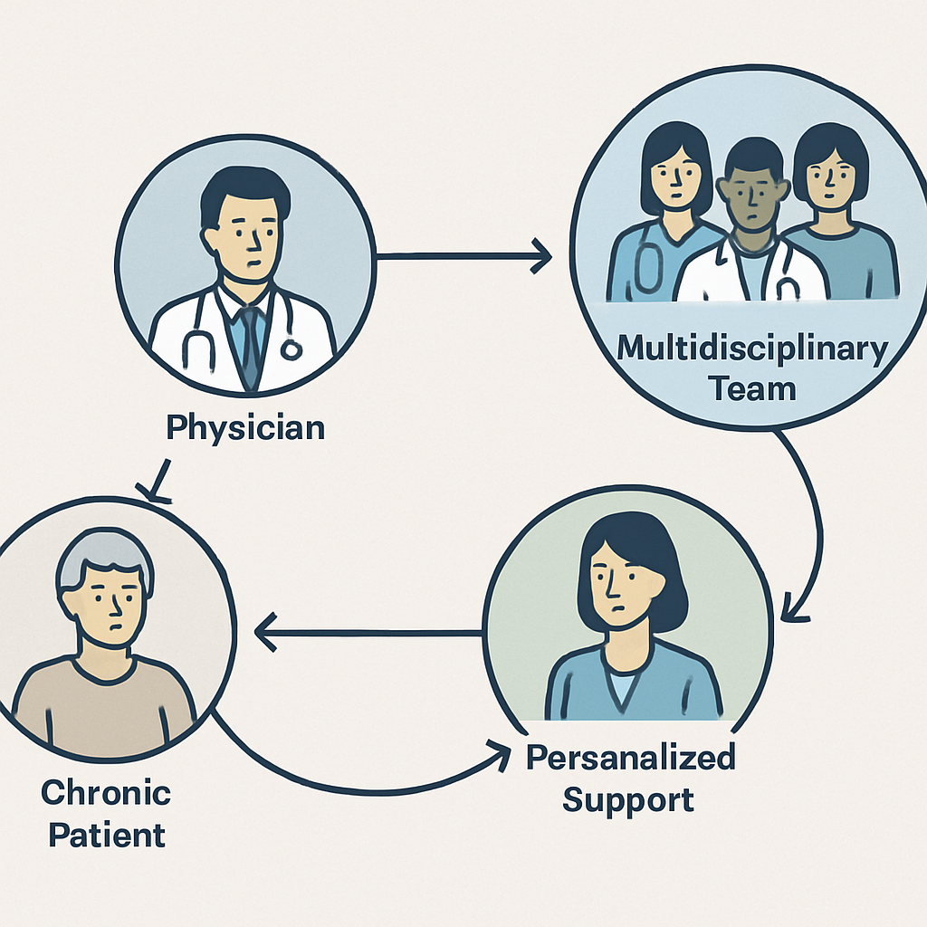 Schéma du parcours patient chronique en structure pluridisciplinaire, illustrant la coordination entre médecins, paramédicaux et accompagnement personnalisé
